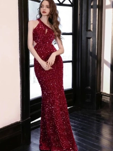 Abito da Sera Donna Sexy con Paillettes Scollo all'Americana Ritagli Schiena Scoperta Coda di Pesce Bodycon Maxi per Festa Banchetto Rosso Vino