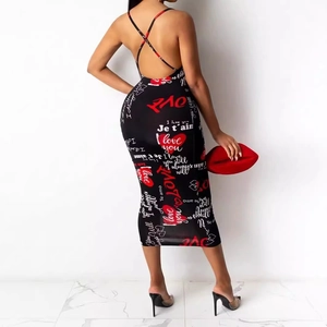 Black halter backless midi dress with romantic multi-language love text and heart prints