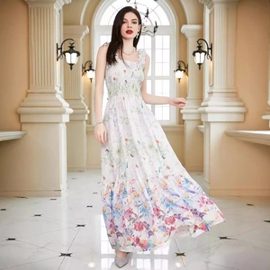 Damen Französisches Vintage Blumenmuster Maxi Kleid Ärmellos Gesmocktes Mieder Rüschenträger Chiffon Gestuftes A-Linie Sommerurlaubskleid