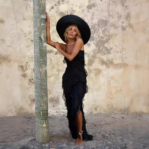 Elegant black sleeveless spaghetti strap maxi dress with ruffled tiers for summer vacation