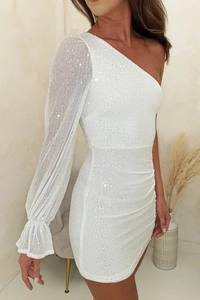 Detail of white sequin dress with one-shoulder sheer bubble sleeve and ruffle cuff