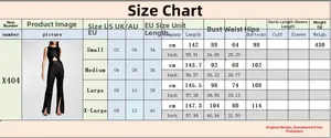 Size guide for sleeveless sequin jumpsuit showing US UK EU measurements for small to extra large