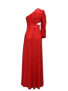 Detail of red sequin one-shoulder evening gown with waist cutout and slit