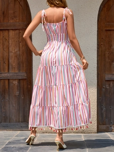 Rainbow striped sleeveless maxi dress with tassel trim for summer beach vacation