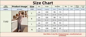 Size chart showing dress length and bust measurements for the lace maxi dress