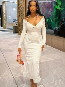 Women Sexy Halter Neck Long Sleeve Ruched Bodycon Maxi Dress Back Slit Slim Fit Knitted Evening Party Dress White