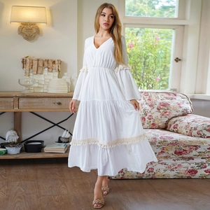 Vestito Midi Bianco Boho da Donna Scollo a V Maniche a Campana Nappe Volant Patchwork Elegante Vestito da Vacanza