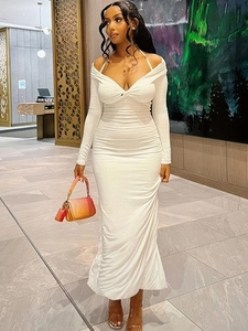 Elegant white ruched bodycon maxi dress with halter neckline and long sleeves for women