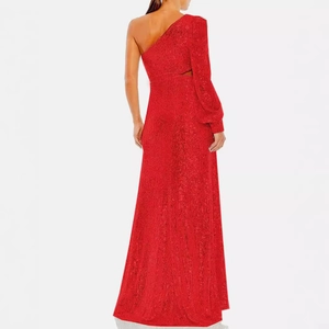 Elegant red sequin one-shoulder evening gown with long sleeve and side cutout detail
