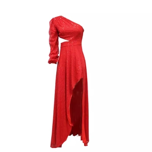 Elegant red sequin one-shoulder evening gown with waist cutout and high side slit