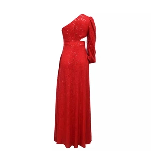 Red sequin one-shoulder evening gown with cutout waist and high slit formal long dress