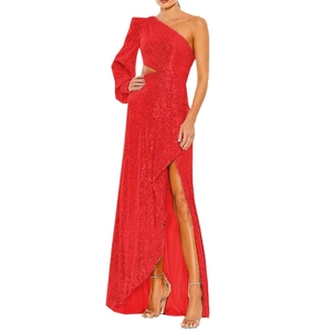 Elegant red sequin one-shoulder evening gown with waist cutout and high slit floor-length skirt