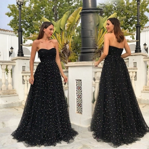 Women Strapless Mesh Maxi Dress Black Sleeveless Handmade Beaded A-Line Banquet Party Evening Prom Gown Elegant Formal Dress