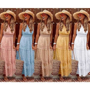 Women's summer V-neck sleeveless chiffon maxi dress with lace inserts and gold dots in 5 colors