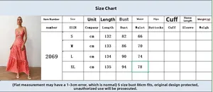 Detailed size chart for red polka dot sleeveless v-neck maxi dress with measurements