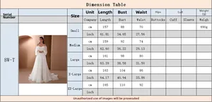 Detailed size chart for off-shoulder gown with measurements in centimeters and inches