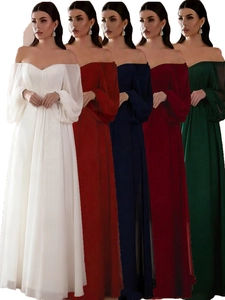 Detail of off-shoulder evening gowns with sheer puff sleeves in five classic colors