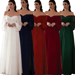 Off Shoulder Long Sleeve Wedding Dress Elegant Pleated Spandex Chiffon Maxi Evening Gown For Women Formal Party Bridal Dress