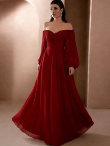 Elegant red off-shoulder evening gown with chiffon pleats and lantern long sleeves