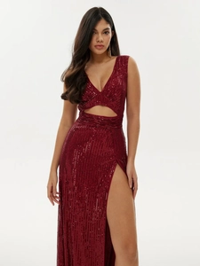 Detail of burgundy sequin evening dress featuring a deep V-neck and cutout waist design