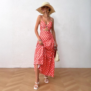 Summer red polka dot maxi dress with spaghetti straps and waist cut-out detail