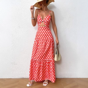 Women's summer red polka dot sleeveless maxi dress with tiered skirt and bow detail