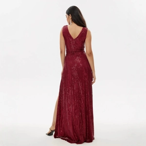 Elegant burgundy sleeveless sequin evening dress with deep V-back and high side slit
