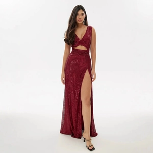 Elegant sleeveless wine red sequined maxi dress with high slit and V-neck cutout detail