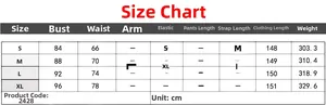 Detailed size chart for women's sleeveless maxi dress including bust and waist measurements
