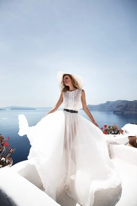 Detailed white lace bodice and sheer chiffon maxi skirt with slim black belt