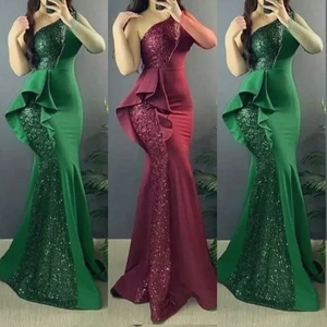 Elegante Abito Maxi a Sirena con Paillettes Monospalla per Donna con Volant Aderente Abito da Sera Festa Matrimonio Abito Formale