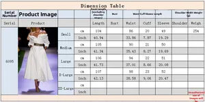 Detailed size guide table for white off-shoulder dress with measurements for S to XL