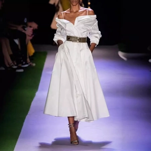 Elegant white off-shoulder midi dress with olive green wide belt and A-line silhouette