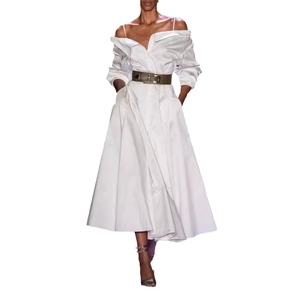 Elegant white off-shoulder long sleeve dress with olive green waist belt and flared skirt