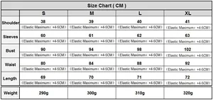Detailed size guide table for sexy PU leather long sleeve shirt showing S to XL measurements