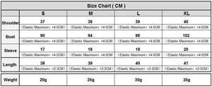 Detailed size chart for mesh printed crop top with shoulder and bust measurements