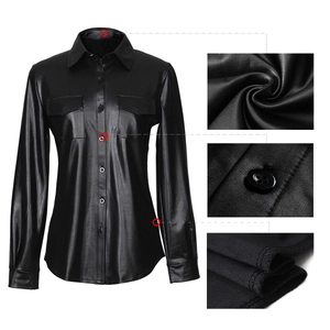 Women's sexy black faux leather long sleeve shirt with classic collar and chest pockets