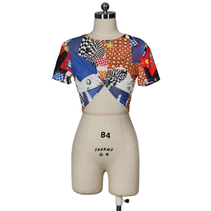 Women's pop art print mesh crop top with knot detail and multi-color abstract patterns
