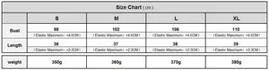 Detailed size chart for women's knit sweater showing bust, length and weight in centimeters