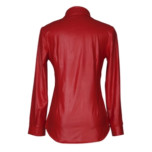 Back view of sexy red PU leather long sleeve shirt for women with shiny finish