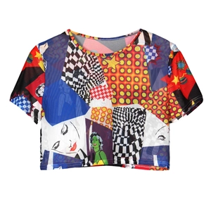 Pop art print mesh crop top with retro comic pattern and checkerboard details