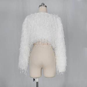 Close-up of white fringe cardigan featuring shimmering sequins and plush faux fiber texture