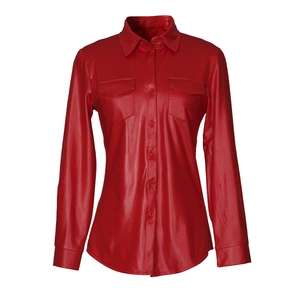 Detailed close-up of a burgundy PU leather shirt featuring double chest pockets and lapel