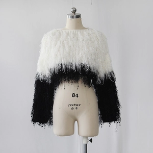 Detail of cropped long-sleeve sweater with black and white faux fur feather textures