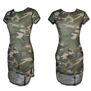 Sexy camouflage mesh mini dress with short sleeves and a slim fit bodycon silhouette