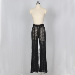Pantalon de plage sexy en maille ajourée noire à jambes larges avec cordon à la taille