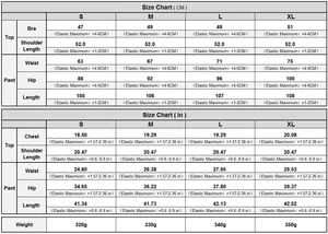 Detailed size chart for women's knit mesh two-piece set including S-XL measurements