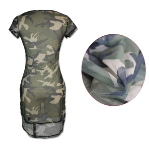 Sexy camouflage mesh mini dress with short sleeves and bodycon fit for women