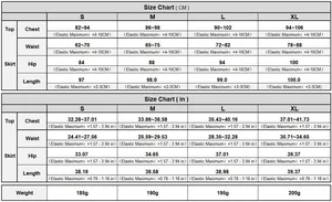 Detailed size chart in CM and IN for hollow knit beach top and skirt set sizes S to XL