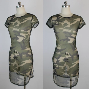 Sexy camo print mesh mini dress featuring short sleeves and sheer camouflage fabric